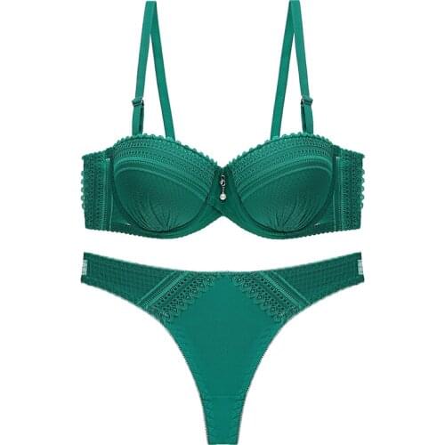 DKERT Half Cup Sexy Lace Push Up Underwear Bra Set Transparent Thongs Brassiere Panty Set