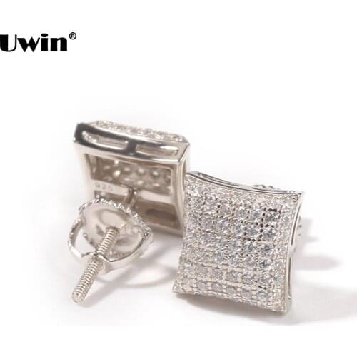 Uwin Square Earrings for Women Men Silver Color Stud Earrings Full Round CZ Earring Hiphop Jewelry for Drop Shipping