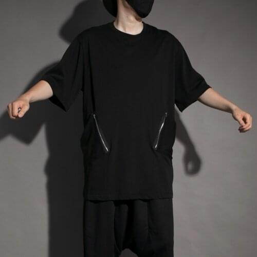 Dark black mountain wind OVERSIZE personality big pocket casual round neck loose five-point sleeve T-shirt men