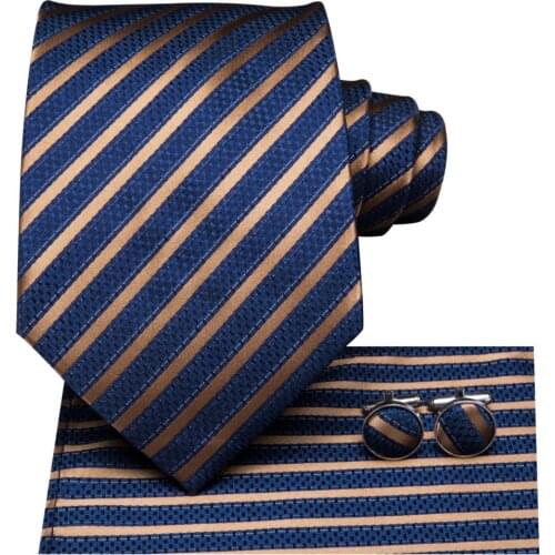 Men Tie Gold Navy Striped 100% Silk Tie Hi-Tie Jacquard Party Wedding Ties for Men Silk Stripe Tie Set Cravat for Father C-3520