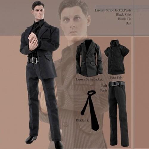1/6 CC187 Gentleman Black Striped Suit Coat Pants Tie and Shirt Set Models For 12'' Figures Bodies Accessories