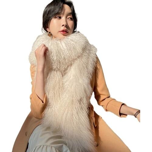 2021 New Long Mongolian Lamb Fur Scarves Women Winter Thick Warm Real Wool Shawl Natural Fur Muffler Snood TZ8642