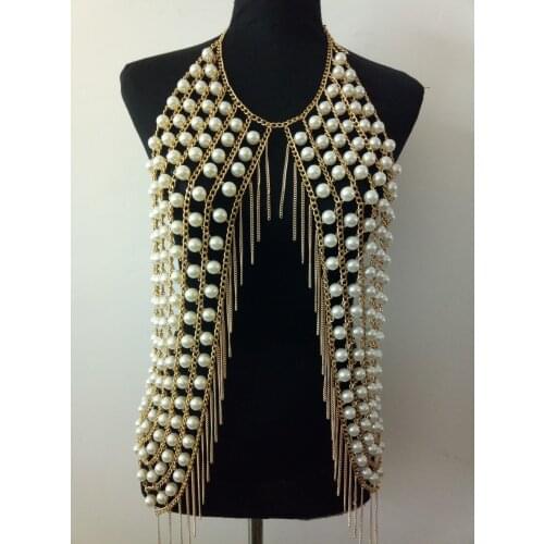 New Fashion Style WRB965 Sexy Imitation Pearls Mesh Chainmail Halter Necklace Beach Metallic Bra Bikini Wear Jewelry 2 Colors