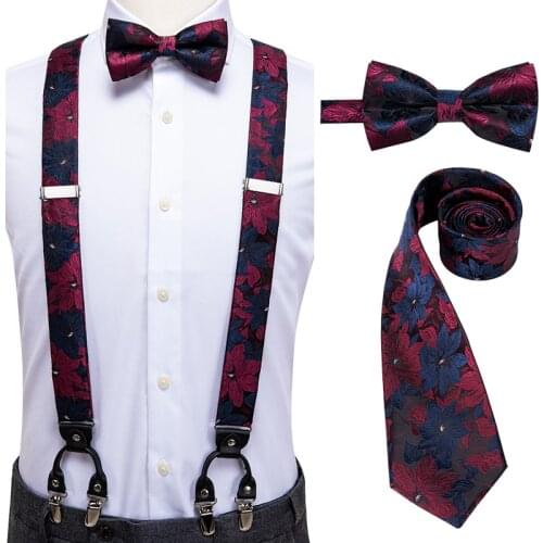 Hi-Tie Fashion Blue Floral Suspenders for Trouser Leather 6 Clips Braces Vintage Mens Wedding Bowtie and Suspender for Men