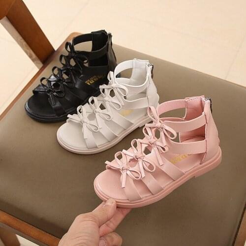 Girls Sandals 2021 Summer Kids Gladiator Sandals Boots Back Bow Roma Shoes Narrow Band Princess Shoes For Child Baby Black Begie