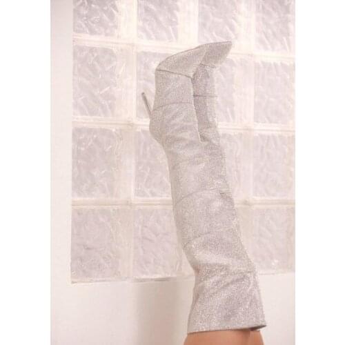 Luxury Silver Rhinestone Pointed-Toe Over the Knee Boots Pointed Toe Zipper Long Boots High Quality Winter Runway Boots
