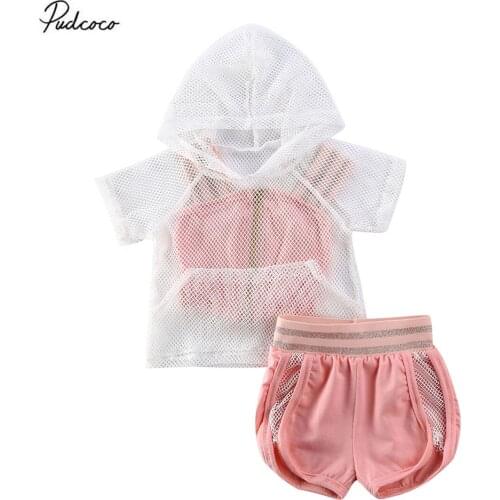 2020 Sport 3pcs Summer Kids Baby Girl Clothes Mesh Hoodies+Zipper Strap Vest+Shorts Outfit Tracksuit T-shirt Shorts For Children