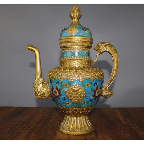 15" Tibet Buddhism Old Bronze Cloisonne Enamel Dragon statue Dragon handle flagon kettle Elephant Nose Mouth teapot Town House