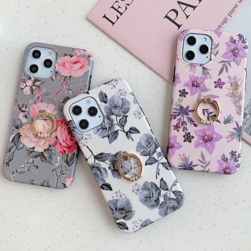 Vintage Flower Soft TPU Phone Case for iPhone 12 Mini 11 Pro XS Max XR 7 8 Plus Hot Floral Finger Ring Holder Stand Girly Cover
