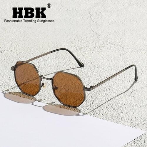 HBK Vintage Polygon Metal Sunglasses Women Small Black Mirror Sun Glasses for Men Design Metal Frame Octagonal Drivers Goggles