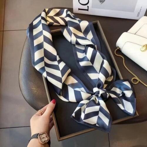 BYSIFA| Summer Pure Silk Scarf Ribbon Fashion Navy Blue White Striped Women Long Silk Hijab Scarf Elegant Headscarves Scarves