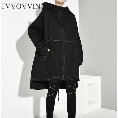 TVVOVVIN Women Drawstring Line Stitch Oversize Trench Hooded Long Sleeve Loose Fit Windbreaker Fashion Autumn Winter 2020 L609