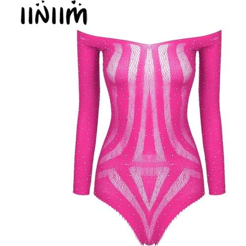 Lady Womens Exotic Teddies Shiny Rhinestone See-through Mesh Bodysuit One-piece Off Shoulder Long Sleeve Skinny Porno Catsuit
