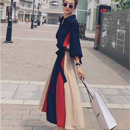 2021 Spring Ladies Hepburn Style A-Line Dress Fall New Loose Stitching Lapel Long Sleeved Elegant Women Dresses Ropa Mujer B076