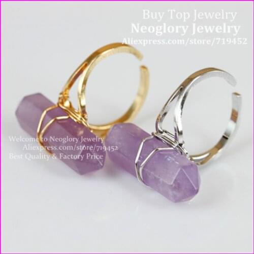 10pcs Natural Crystal Gems Finger Ring Gold/Silver Plated Wire Wrapped Bail Point Ring Hexagon Reiki Charka Quartz Druzy Ring