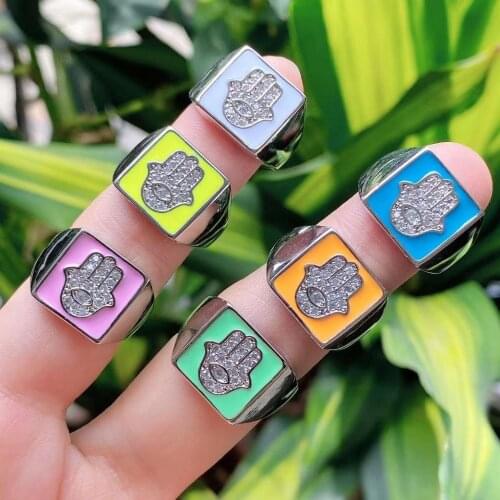 10Pcs Popular Colored Enamel hand /Smiling face /Star Adjustable Turkish Eye Hamsa Cz Personalized Ladies Rings