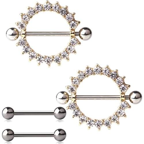 14G 4PCS 316L Stainless Steel Round CZ Gem Nipple Shield Ring Body Piercing