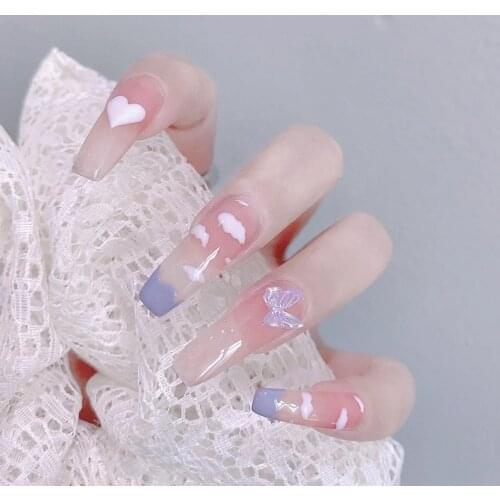 24pcs Nails Patch White Clouds Butterfly Printed Glue Type Long Paragraph Fashion Manicure Patch False Nails Nails Accesorios