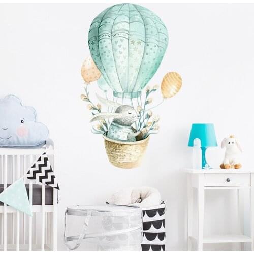 Watercolor Green Rabbit Hot Air Balloon Wall Stickers for Kids Room Bedroom Home Decor Wall Decals Baby Nursery Home Decoration