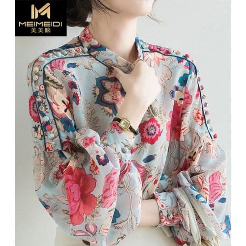 Women Blouse Spring And Summer Artificial Silk Top Womens Printed Lantern Sleeve Blusas Mujer De Moda