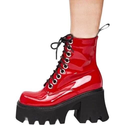 Dovereiss Winter New Fashion Sexy Cross Lacing Red Goth Round Toe Chunky Heels Short Boots Matin Boots 40 41 42 43