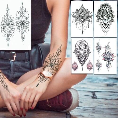 Black Lotus Temporary Tattoos For Women Girls Sexy Fake Jewelry Tattoo Sticker Henna Lace Pendants Water Transfer Tatoo Body Arm