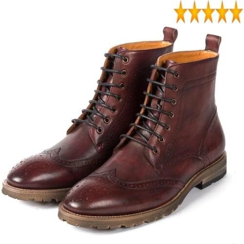 Quality Hot Sale Brand Top Men New Fashion Genuine Leather Low Heel England Style Brogue Matin Boots Lace UP Wing Tip Wine Red