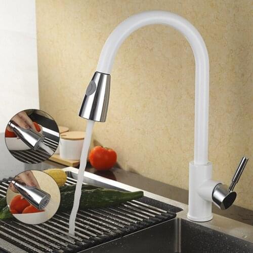Kitchen Sink Faucets White Chrome Finish Brass Kitchen Faucet Pull Out Spring Spout Mixer Tap Single Handle Hot Cold Swivel Taps