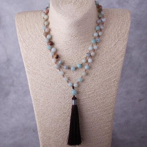 MOODPC Fashion Rosary Chain Beaded Tassel Bohemian Jewelry Semi Precious Stone Layering Necklace Amazonite Stone Halsband