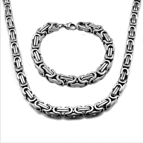 Punk Boys Silver Color Byzantine Box Bracelet Necklace 1Set 316L Stainless Steel Fashion Mens