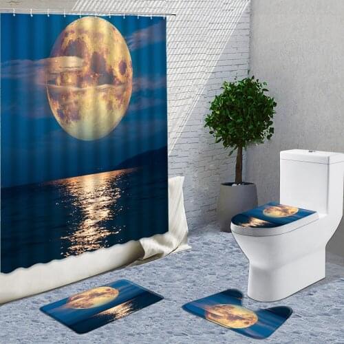 Moon Shower Curtain Set Bathroom Curtains Fabric Non-slip Flannel Carpet Set Ocean Scenery At Night Bath Decor Things For Home
