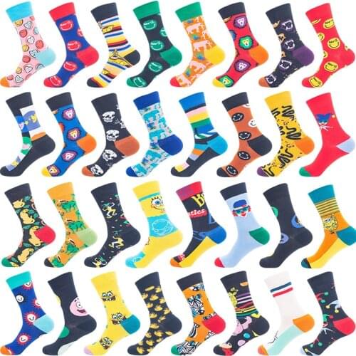 Combed Cotton Mens Socks with Smile Face Animal Print Happy Socks Funny Sokken Fashion Kawaii Breathable Men Socks Plus Size