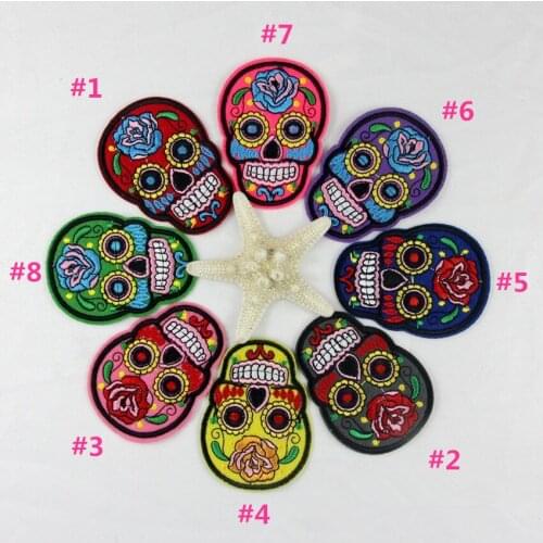 Newest FLOWERED SKULLS Patches 8pcs Mix Colors Embroidered Iron On Patch Goth Punk Rockabilly Skeleton Psychedelic