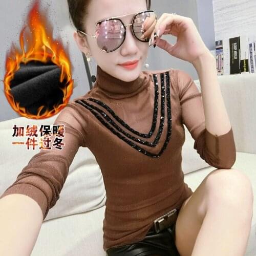 2020 New Women Tops Shirts Clothing Cotton Office Lady Full Wonter Shirts Beading Solid Turtleneck Elegant Bright Silk Shirts