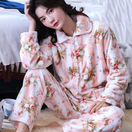 H5813 Pajamas Suit Female Coral Fleece Sleepwear Pregnant Women Flannel Long Sleeve Autumn Winter Loose Warm Thick Nightwear Set