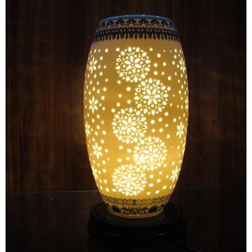 Hollow blue and white Beautiful chinese hand carved flower design celadon porcelain ceramic table lamps for bedroom