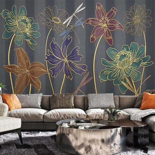 Custom Mural Wallpaper 3D Embossed Line Drawing Golden Flower Frescoes Modern Luxury Living Room Home Decor Papel De Parede Sala