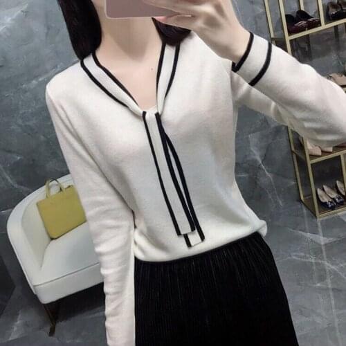 Spring Summer Style Women Knitted Pullover Tops Lady Casual Bow Tie Collar Long Sleeve knitted Sweater Pullover ZZ1072
