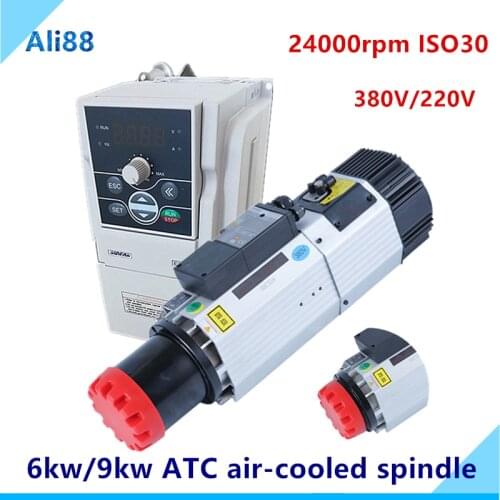 Automatic Tool Change Spindle 9kw ATC spindle ISO30 air cooled spindle motor 220v/380v with VFD Inverter for wood working router