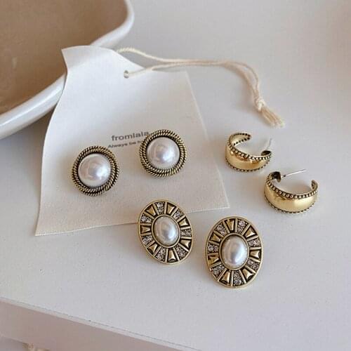 SRCOI Vintage Distressed Geometric Metal Stud Earrings Imitation-pearl Micro-inlaid Zircon Earrings Women Jewelry Accessories