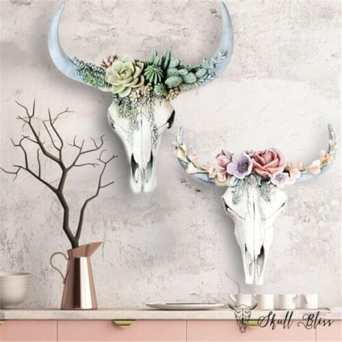 Succulent Flower Cow Skull Wall Decor Nursery Decor Resin Ornament With Hanging Hole Bull Head Pendant Home Decoration Accessory