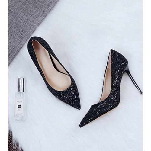 Woman Heels Sexy Crystal High Heels Bridal Wedding Shoes Ladies Pointed Classic Pumps Heels Women Shoes Size 33-42 Black Silver