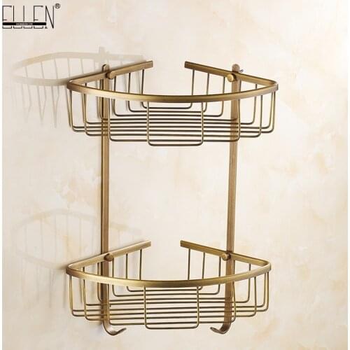 Bathroom Corner Shelves Dual Tier With Towel Rack Square Bath Shampoo Holder Antique Bronze Bathroom Storage Copper Shelf EL0002