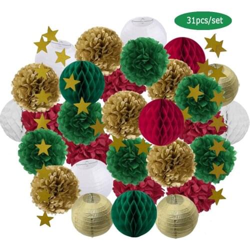 Merry Christmas Party Favor Gold White Paper Lantern 8” Kids Boy Girl Baptism Wedding Decoration Hanging Tissue Pompom Pink Blue