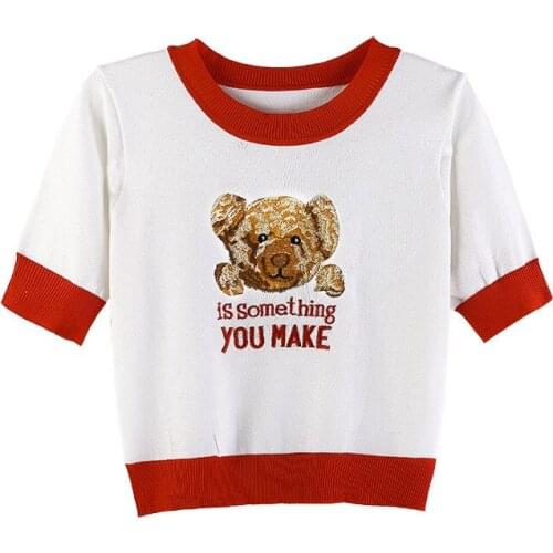 Bear Embroidery Sexy Short Sleeve Knit Short T-shirt 2021 Womens Summer Fashion Slim Open Navel Short Top Street Style Camisole