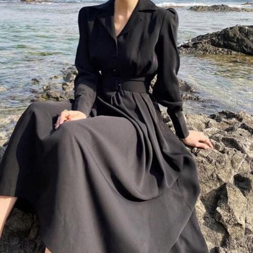 ZAWFL Korea Chic Autumn Light Mature Style Long A Line Safari Metal Single-breasted Turn Down Collar Dress Women with Belt Retro