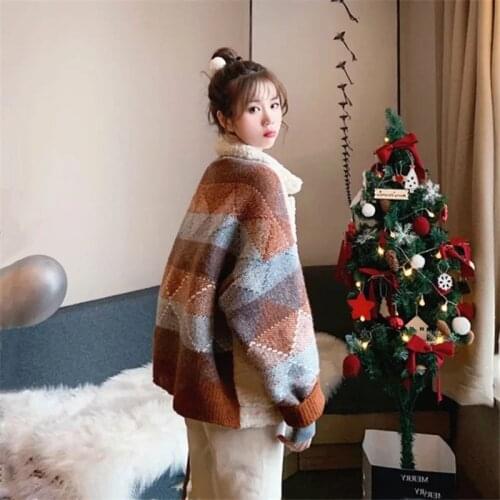 Faux Lamb Wool Jacket Womens 2020 Autumn And Winter New Wild Loose Contrast Stitching Plaid Knitted Cardigan Trend