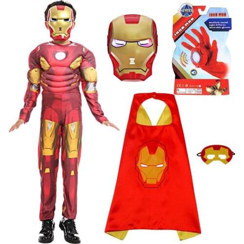 Iron Man Muscle Costumes Mask Cosplay Clothes With Gloves Superhero Halloween Jumpsuit Decorate Party Toys For Childrens Gift