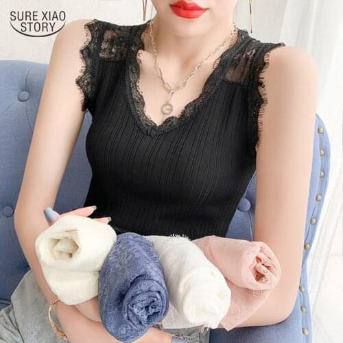 Sexy Sleeveless Ice Silk Lace Blouse Women Vest V-neck Back Hollow Out Knitted Tank Gentle Summer Elegant Tops Ropa Mujer 13600