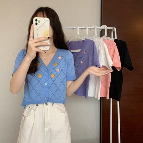 Woman TShirts Summer Dongdaemun Leisure Embroidered Knitwear Female Crop Top Mujer Camisetas